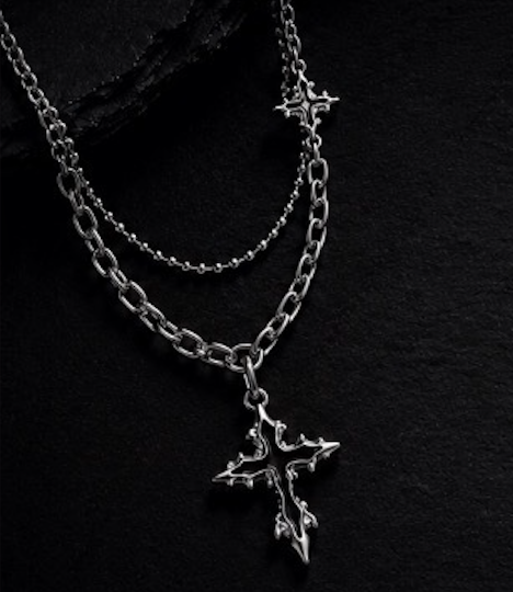 Dominus — thorned silver cross pendant on layered chain